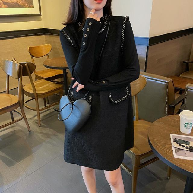 秋冬 ヨーロッパ ワンピース スカート ワンピース プルオーバー ロングスカート ワンピドレス 袖なし ノースリーブ ラウンドネック 襟なし スリム 細身 Aライン レギュラー もこもこ ポケット 編み込み タイプＡ ルーズウエスト 厚手 普通生地（秋冬用） かわいい 大人可愛い