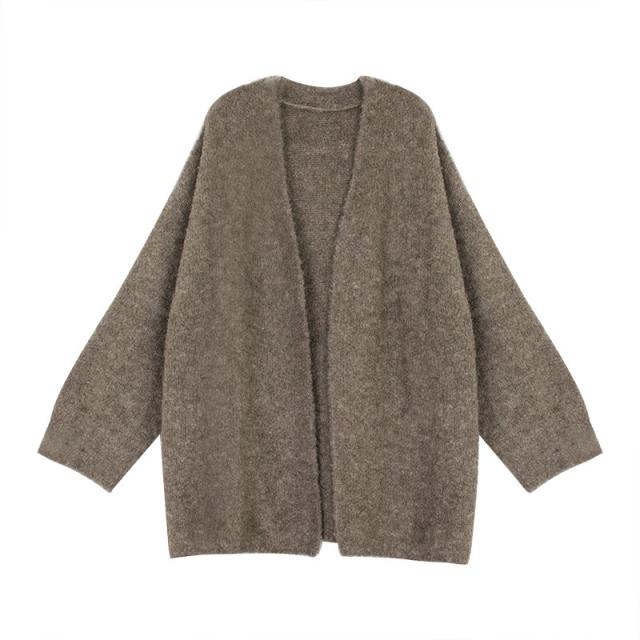秋 ニット カーディガン トップス ニットソー カーディガン 上着 ミドル丈 袖あり 長袖 ボリューム袖 Vネック 襟なし ルーズ もこもこ 前開き 編み込み 伸縮性 ルーズウエスト ニット 薄手 異素材MIX 普通生地（春秋用） かわいい 大人可愛い カジュアル おしゃれ 大人女子