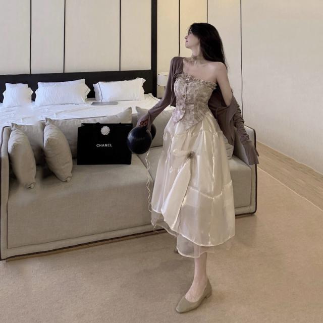 セット商品 チューブトップワンピース ミディアムワンピース ワンピース レディース クラシカルワンピース ミモレ丈 ドレス 肩見せ ウエストシェイプ ひざ下丈 大人可愛い きれいめ 上品 レトロ キュート ガーリー エレガント フォーマル 春 夏 秋 冬 オールシーズン 二次会