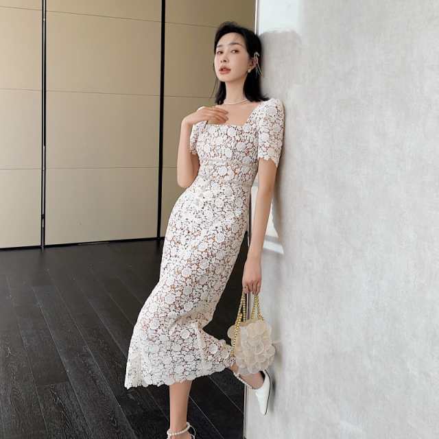 ワンピース レース使いワンピース ロング マキシ タイト 半袖 スクエアネック タイト Iライン ペンシルスカート 大人可愛い シンプル カジュアル おしゃれ 大人女子 セクシー こなれ感 ラフ ルーズ 主役級 存在感 無地 春 夏 秋 10代 20代 30代 40代 50代 60代 レディース