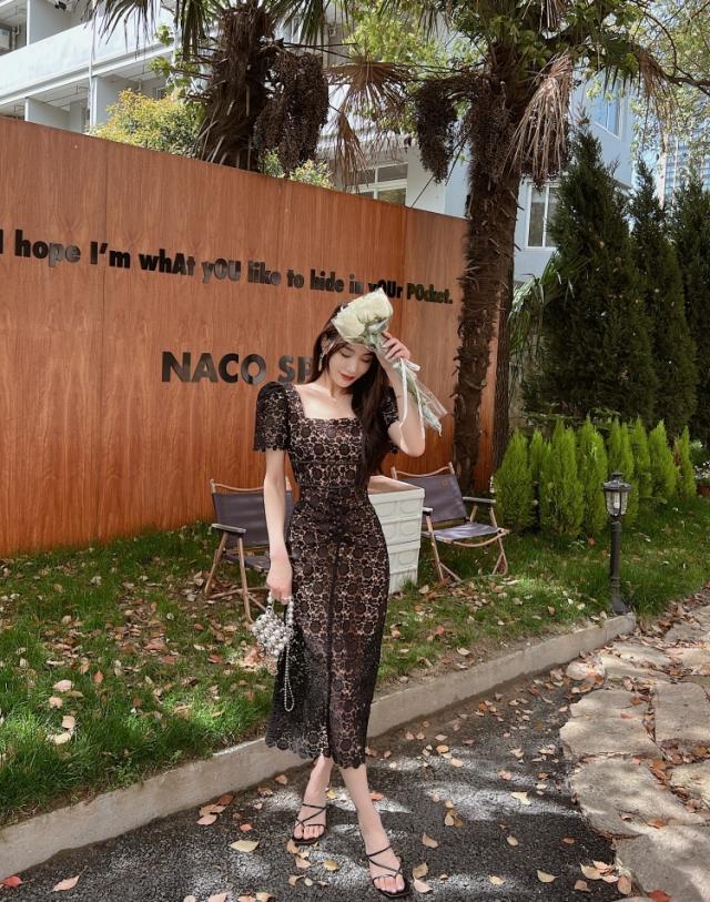 ワンピース レース使いワンピース ロング マキシ タイト 半袖 スクエア