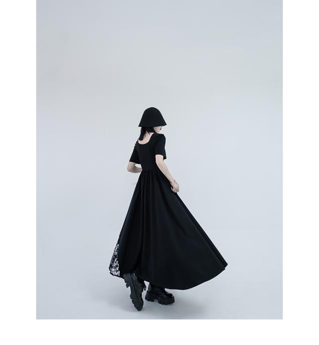 個性的 ワンピース レース使いワンピース ロング マキシ フレア 半袖 A