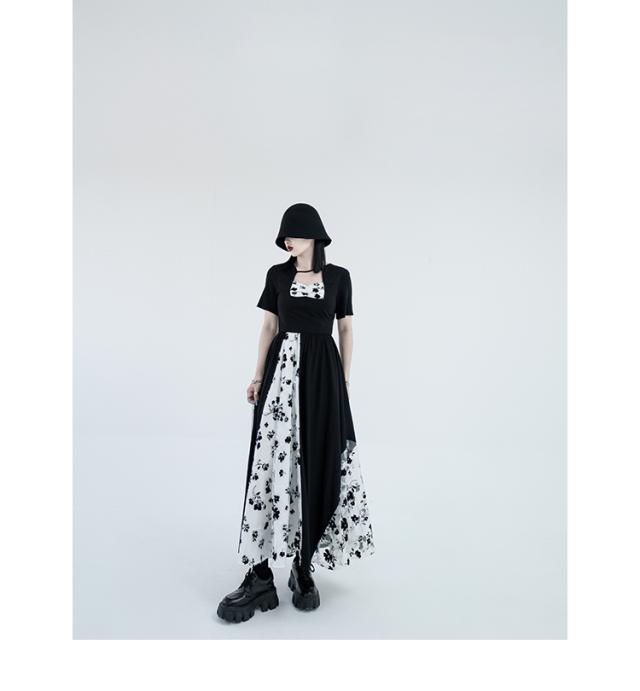 個性的 ワンピース レース使いワンピース ロング マキシ フレア 半袖 A