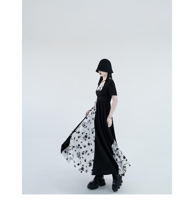 個性的 ワンピース レース使いワンピース ロング マキシ フレア 半袖 A