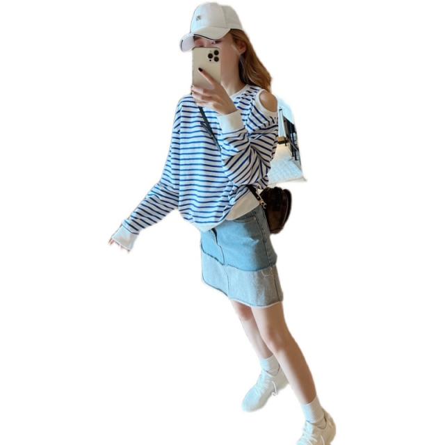 トップス シャツ ブラウス プルオーバー 長袖 肩見せ ウエストマーク