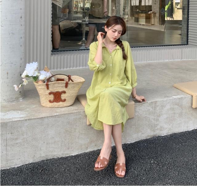 シャツワンピース 膝下 ミモレ丈 袖あり 7分袖 ラグランスリーブ 襟