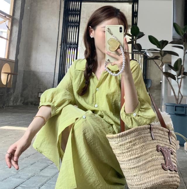 シャツワンピース 膝下 ミモレ丈 袖あり 7分袖 ラグランスリーブ 襟