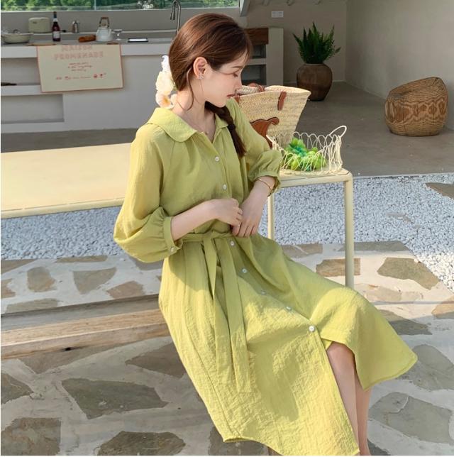 シャツワンピース 膝下 ミモレ丈 袖あり 7分袖 ラグランスリーブ 襟