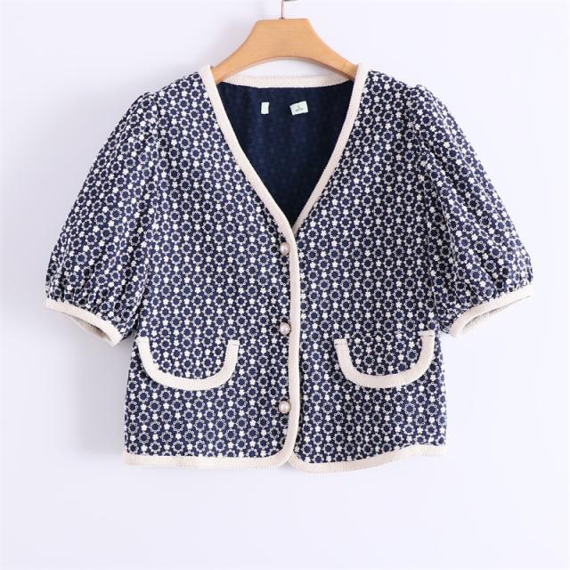 アウター ジャケット 半袖 パフスリーブ 刺繍 綿 かわいい カジュアル レトロ アジアン ガーリー 花柄 春 夏 秋 デート お出かけ 休日 着回し モテ ネイビーの通販は