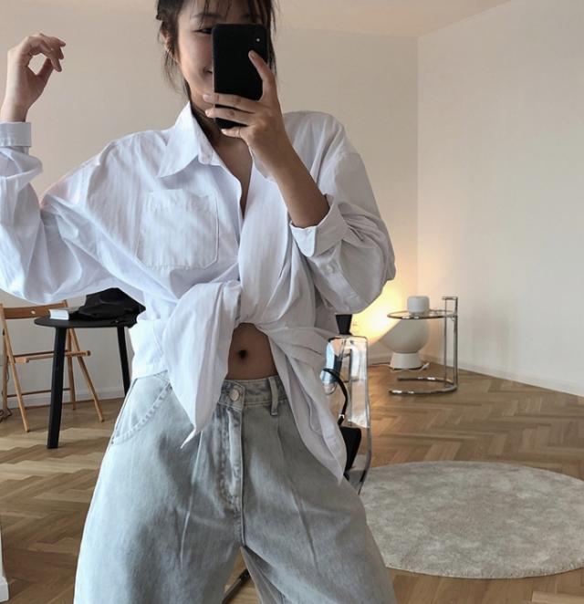 白シャツ 長袖 襟付き きれいめ シンプル カジュアル かっこいい