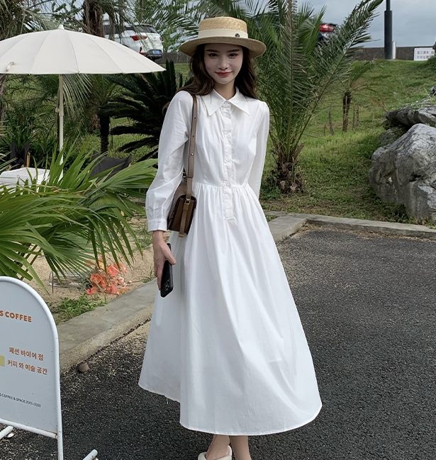 シャツワンピース ロング丈 長袖 襟付き Aライン 大人可愛い きれいめ シンプル カジュアル おしゃれ こなれ感 ラフ 無地 春 夏 秋 デート お出かけ 休日 リゾート 旅行 モテ ホワイト