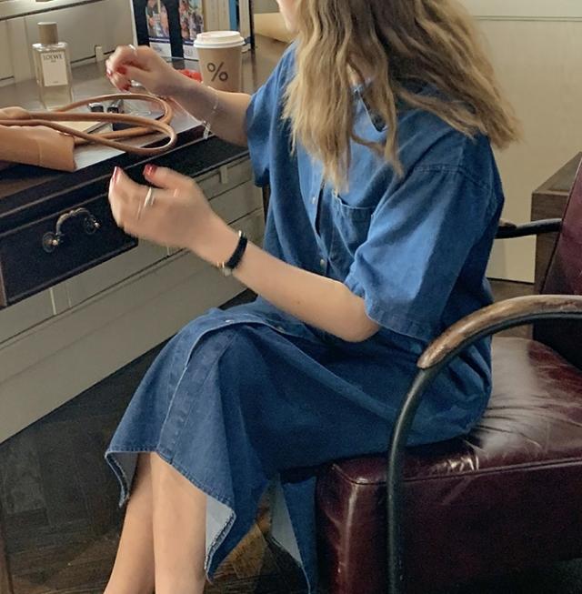 デニムワンピース シャツワンピース ロング丈 半袖 襟付き ストレート