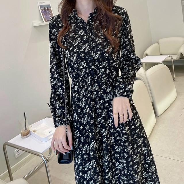 ワンピース シャツワンピース ロング丈 長袖 スタンドカラー フレア Aライン シフォン フリル かわいい 大人可愛い きれいめ おしゃれ ガーリー 花柄 小花柄 春 夏 秋 デート お出かけ 休日 ホテル レストラン ブラック