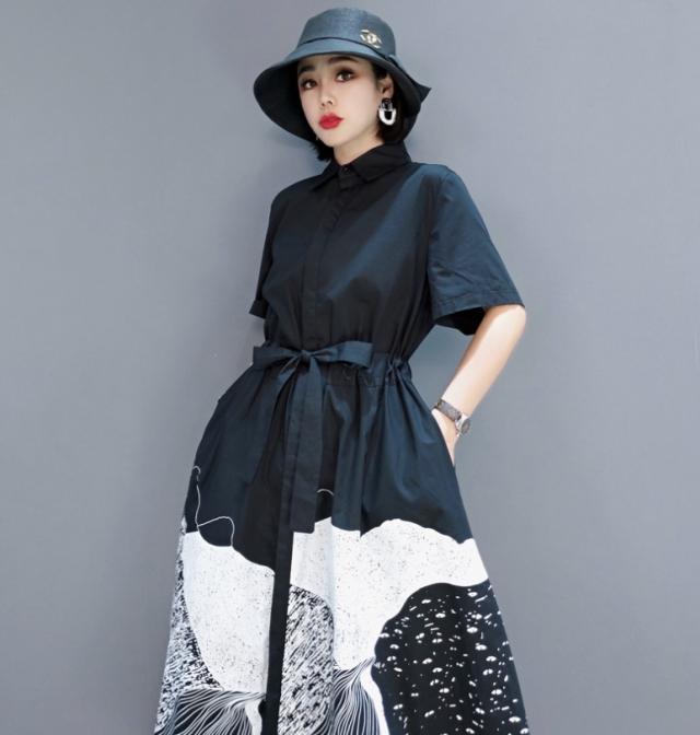 シャツワンピース ロング丈 袖あり 半袖 襟付き フレア Aライン ウエストマーク ウエストリボン ウエストゴム かわいい おしゃれ お洒落 レトロ 大人女子 こなれ感 ラフ キュート ガーリー 個性的 柄 春 夏 秋 10代 20代 30代 レディース 女性用 女の子 学生 通学 デート