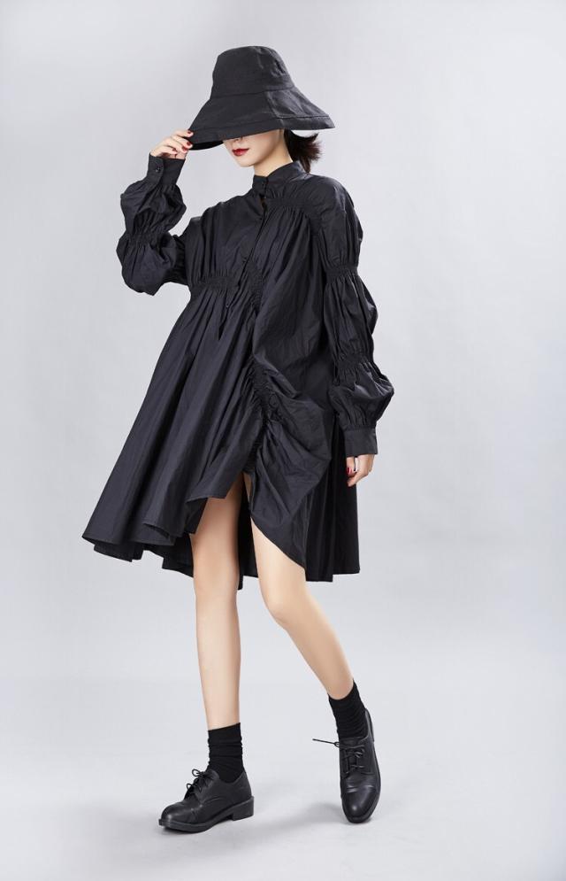 シャツワンピース ショート丈 膝上 長袖 ホルンスリーブ Vネック