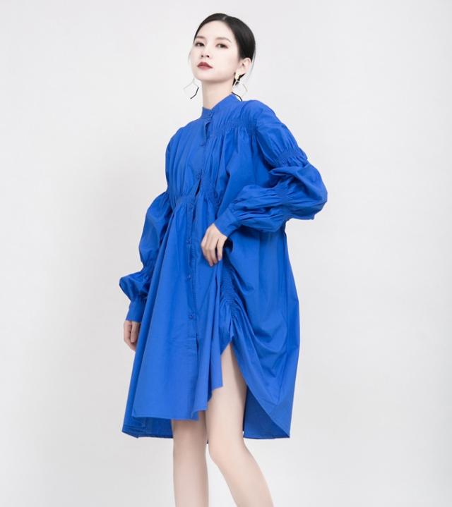 シャツワンピース ショート丈 膝上 長袖 ホルンスリーブ Vネック