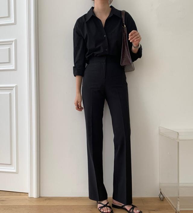 シャツ 長袖 襟付き 綿 シンプル カジュアル かっこいい こなれ感 ラフ メンズライク ボーイッシュ クール 無地 春 秋 冬 ビジネス OL お出かけ 休日 着回し 普段使い 重ね着 ブラック シャツ 長袖 襟付き 綿 シンプル カジュアル かっこいい こなれ感 ラフ