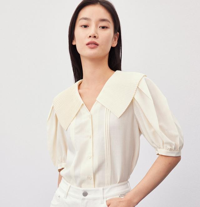 ブラウス 半袖 パフスリーブ 襟付き プリーツ 大人可愛い きれいめ