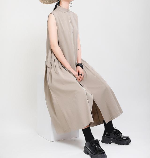 シャツワンピース フレアワンピース ロング丈 袖なし ノースリーブ Vネック 襟なし フレア Aライン 切り替えデザイン 大人可愛い きれいめ シンプル カジュアル おしゃれ お洒落 こなれ感 ラフ ガーリー 無地 春 夏 秋 10代 20代 30代 レディース 女性用 女の子 学生 通学 シャツワンピース フレアワンピース ロング丈 袖なし ノースリーブ V