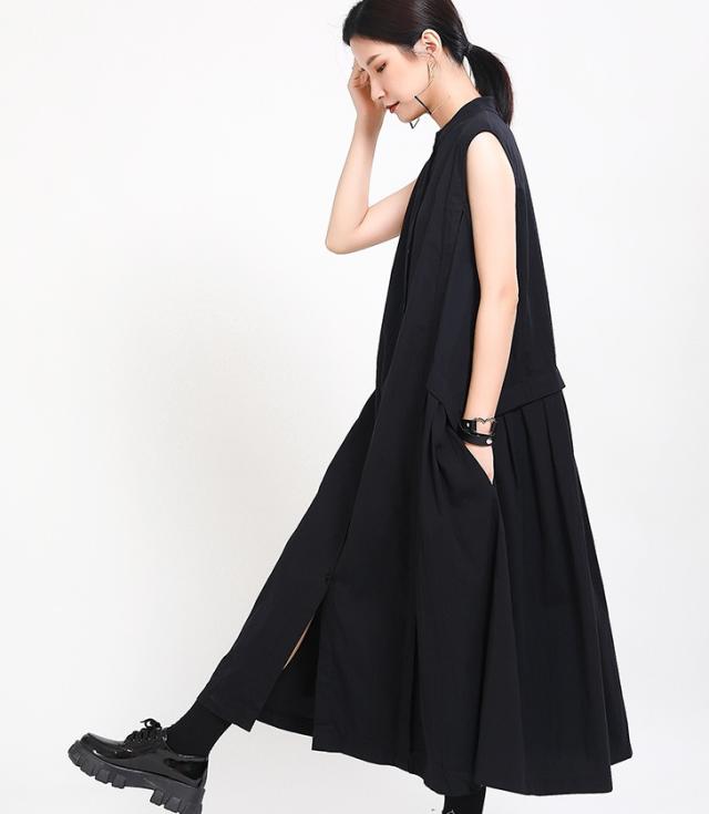 シャツワンピース フレアワンピース ロング丈 袖なし ノースリーブ V