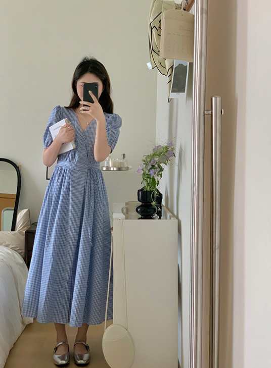 ワンピース ロング丈 袖あり パフスリーブ Vネック カシュクール
