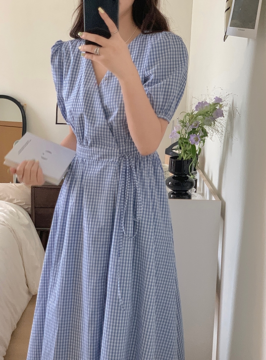 ワンピース ロング丈 袖あり パフスリーブ Vネック カシュクール 襟