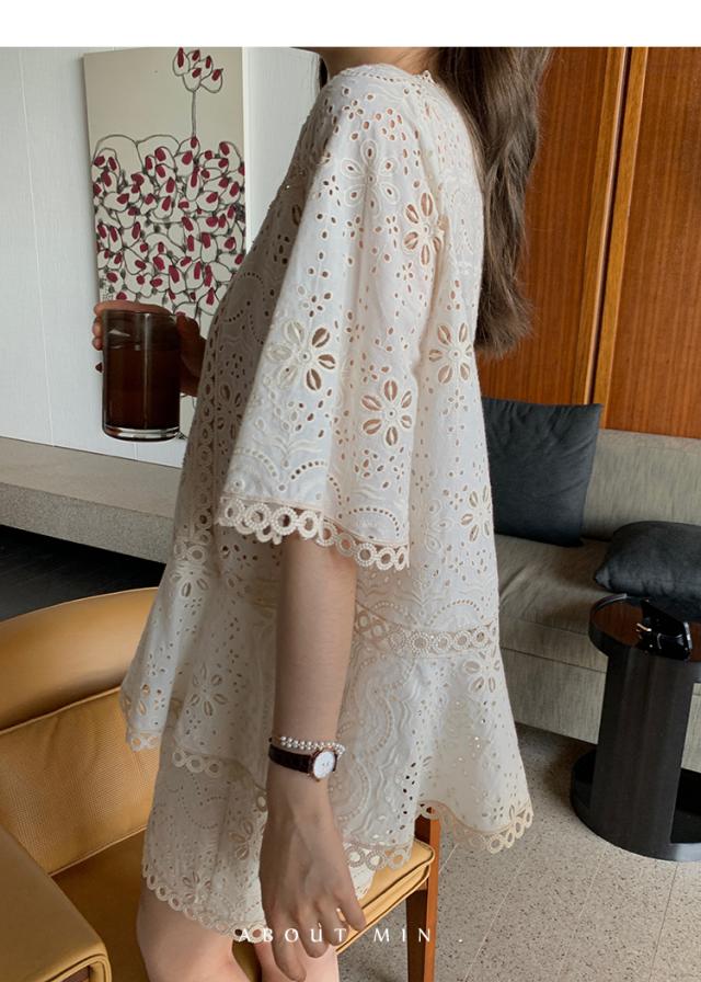 トップス ブラウス カットソー プルオーバー 白トップス 袖あり 5分袖