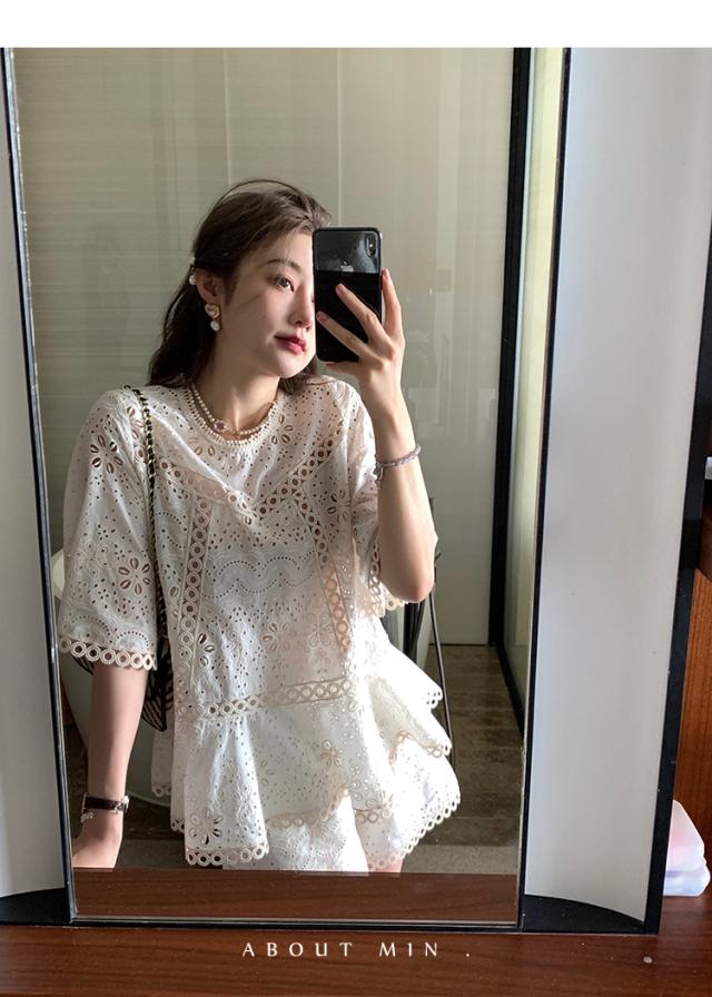 トップス ブラウス カットソー プルオーバー 白トップス 袖あり 5分袖