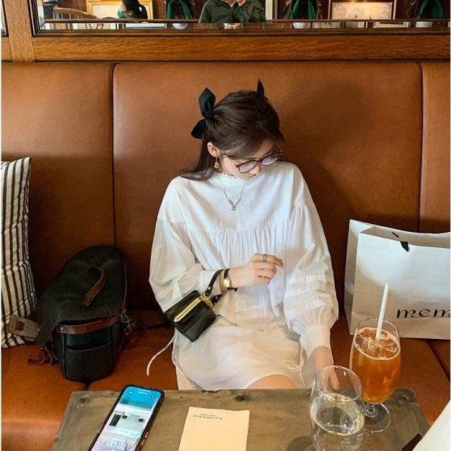 トップス ワンピース シャツ ブラウス プルオーバー チュニック 白シャツ 白トップス シャツワンピース ショート丈 袖あり 長袖 ボリューム袖 ハイネック フリル ポリエステル かわいい 大人可愛い シンプル おしゃれ 大人女子 ラブリー キュート ガーリー ルーズ 個性的