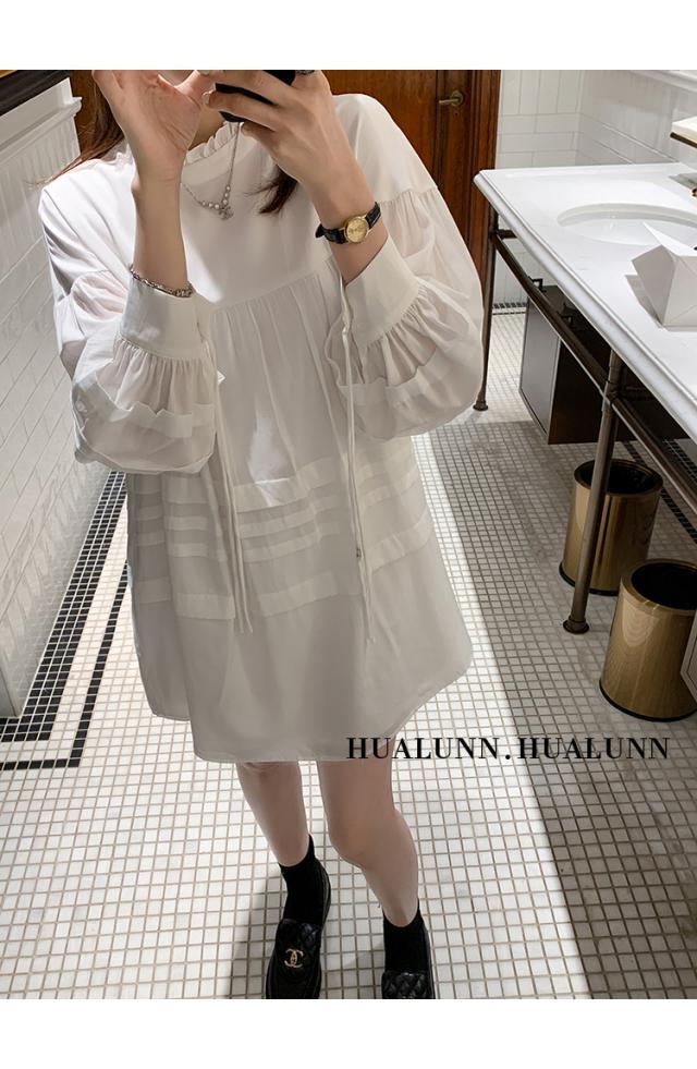 トップス ワンピース シャツ ブラウス プルオーバー チュニック 白シャツ 白トップス シャツワンピース ショート丈 袖あり 長袖 ボリューム袖 ハイネック フリル ポリエステル かわいい 大人可愛い シンプル おしゃれ 大人女子 ラブリー キュート ガーリー ルーズ 個性的 トップス ワンピース シャツ ブラウス プルオーバー チュニック 白