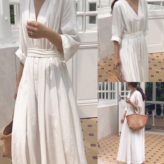 ワンピース シャツワンピース ロング丈 マキシ丈 長袖 Vネック フレア セミフレア ワイド 前開き 綿 麻 リネン 大人可愛い シンプル カジュアル おしゃれ お洒落 大人女子 こなれ感 ラフ ルーズ 主役級 存在感 抜け感 無地 春 秋 10代 20代 30代 40代 50代 60代 レディースの通販は
