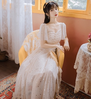 妖精 フレンチ ワンピース フレアスカート ワンピドレス ロング ロング丈 アンクル丈 袖あり 半袖 フレアスリーブ Vネック ホルターネック フレア シフォン リボン バックリボン 透け感 スパンコール ラメ 薄手 かわいい きれいめ ラブリー キュート ガーリー 主役級 とろみ感