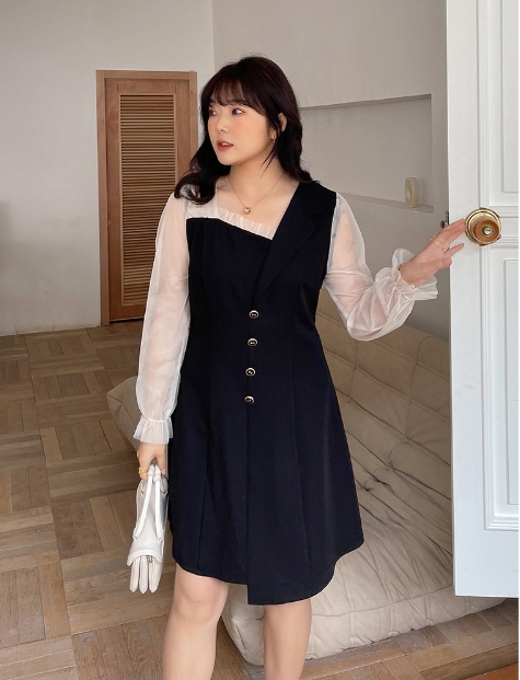 フェイクツーピース ワンピース ショート丈 膝上 袖あり 長袖 スクエア