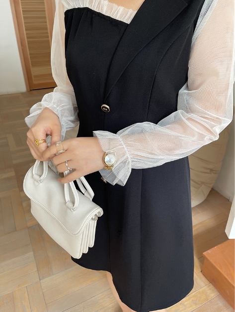 フェイクツーピース ワンピース ショート丈 膝上 袖あり 長袖 スクエアネック 襟なし Aライン レース 透け感 きれいめ シンプル 上品 お洒落 大人女子 こなれ感 ラブリー キュート 個性的 抜け感 無地 春 秋 誕生日 謝恩会 二次会 10代 20代 30代 レディース 女性用 ママ フェイクツーピース ワンピース ショート丈 膝上 袖あり 長袖 スクエア