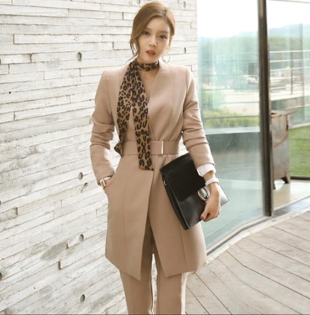 スーツ スキニーパンツ アンクル丈 袖あり 長袖 襟なし スリム ベルト