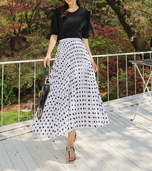レトロ風 セーター スカート ロングスカート プリーツスカート フレアスカート ロング丈 フレア Aライン プリーツ 大人可愛い きれいめ シンプル 上品 大人女子 こなれ感 ドット柄 水玉 夏 母の日 10代 20代 30代 40代 レディース ママ デート お出かけ 休日 リゾート 旅行 海