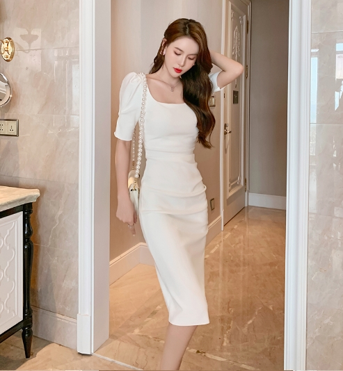 ワンピース 結婚式ドレス カラードレス フォーマルドレス タイトドレス Iラインドレス イブニングドレス ひざ丈 半袖 パフスリーブ スクエアネック スレンダーライン ハイウエスト 背中魅せ 大人 上品 大人女子 クール エレガント フォーマル クラシック スタイリッシュ 無地