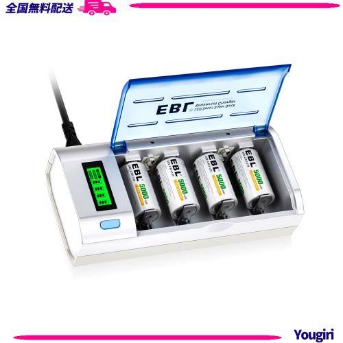 EBL 単2電池 充電式 充電器付き 単二電池充電式4本 充電器セット LCD充電器＋ 単1/単2/単3/単4/9Vニッケル水素/ニカドに対応 Cセル5000MAの通販は