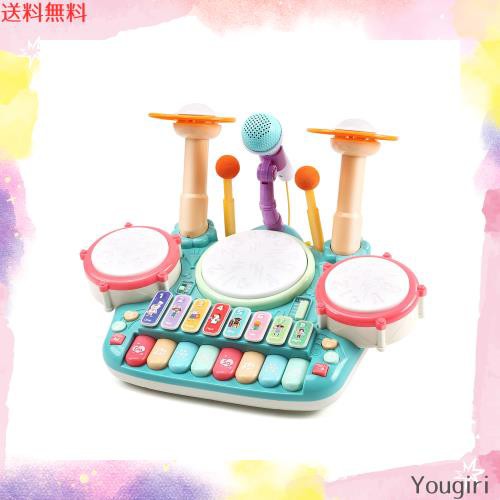 Cute Stone 楽器 おもちゃ 5in1遊び方 ドラムセット ピアノ 子供おもちゃ マイク付き 4種類 ピアノモード ドラムモード 鍵盤楽器 ライトの通販は