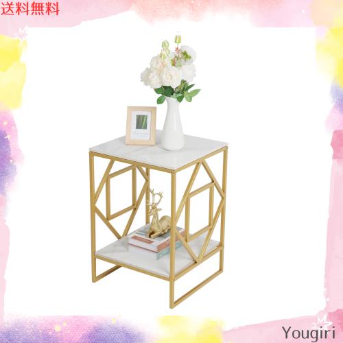 UNHO サイドテーブル ナイトテーブル ベッドサイドテーブル 大理石 ゴールドアイアン ソファ横 ベッド横 コーヒーテーブル 白 おしゃれ の通販は