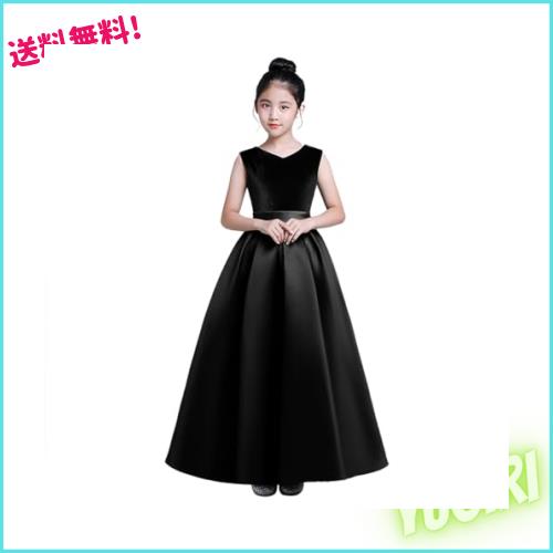 [Ｋａｙｉｙａｓｕ] 子供 ロング ドレス ピアノ 発表会 Vネック サテン ワンピース 女の子 フォーマル 結婚式 ノースリーブ エレガント