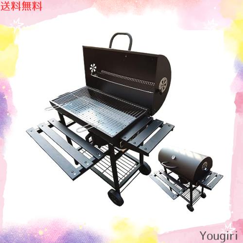 Fengzel Outdoor ハイスタイル バレル式バーベキューコンロ 温度計で検温可能 焼き、燻製、蒸し3WAY 8-12人用 棚板 タイヤ追加 移動楽々