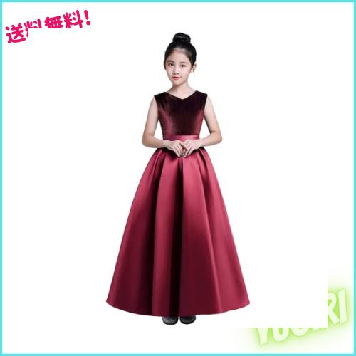 [Ｋａｙｉｙａｓｕ] 子供 ロング ドレス ピアノ 発表会 Vネック サテン ワンピース 女の子 フォーマル 結婚式 ノースリーブ エレガント