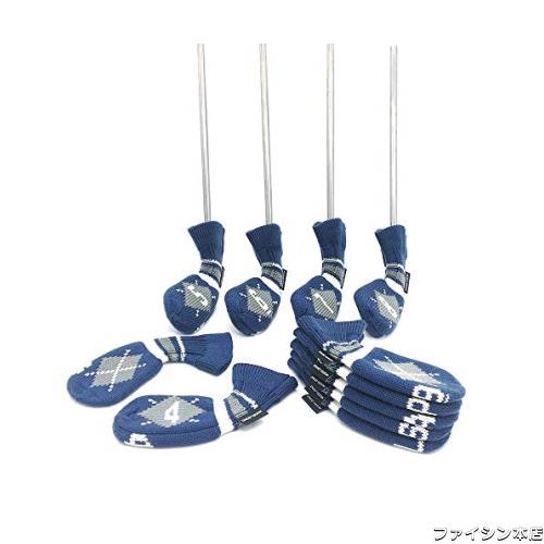 HUGELOONG ニットゴルフヘッドカバー アイアンカバー … (C-1面ニット図案，1面数字，トップに数字，Navy/Gray) 8,032円