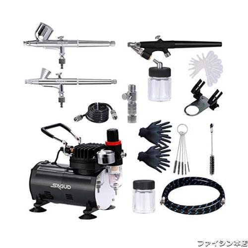SAGUD エアブラシキット（コンプレッサー付き、0.2mm 0.3mm 0.8mmのエアブラシ3本とエアブラシアクセサリークリーニングキットが含まれまの通販は