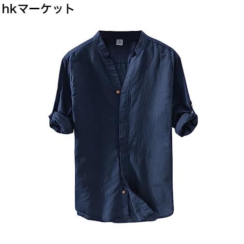 メンズ シャツ 無地 スリムフィット 柔らかい 綿とリネン ハイエンド シャツ 長袖 半袖 春 夏 秋 トップスnavy Lの通販は 4,914円