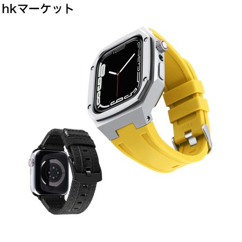コンパチブル Apple Watch バンド 44mm 45mm 2本セット 頑丈な金属製の保護ケース付きシリコン時計ベルトと交換用帆布ストラップセット iの通販は