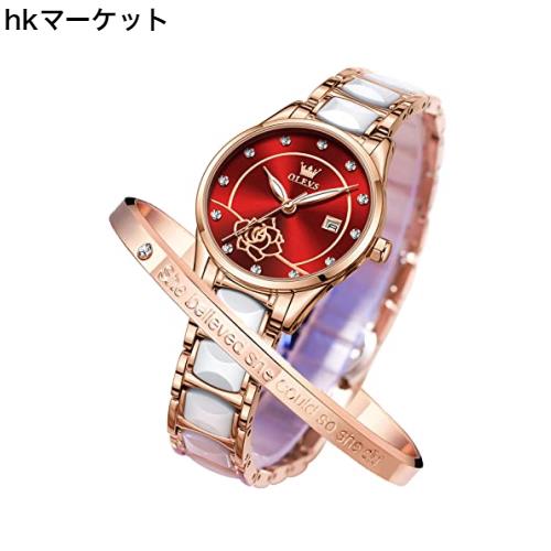 OLEVS うで時計 レディース 人気 赤 花柄 見やすい きれい かわいい ローズゴールド 防水 夜光 日本ムーブメント ブレスレット付き 日付