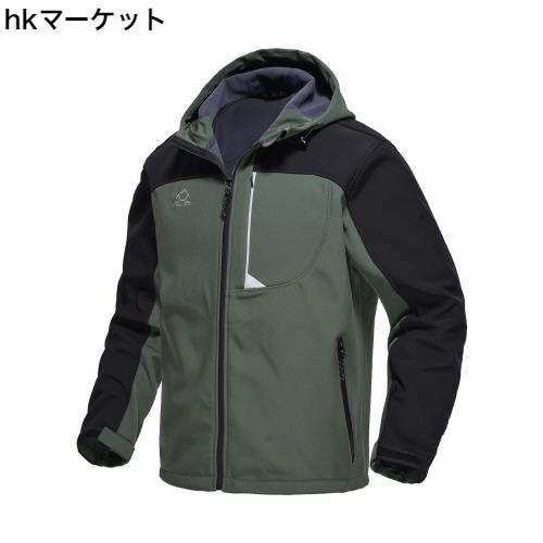 [Gopune] メンズ ソフトシェルジャケット アウトドアウェア 保温 登山着 撥水 ジャンパー アウター ハイキングウェア フード付(01グリー