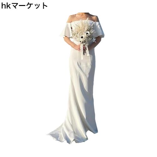 [Fiveen] ウエディングドレス 二次会 白 ロング オフショルダーフ レア袖 結婚式 前撮りドレス 海外挙式(L)